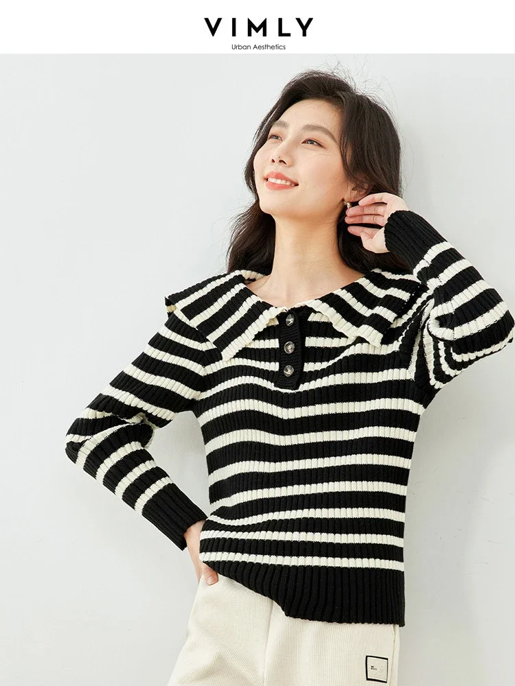 

Vimly Contrast Striped Knitted Sweater Long Sleeve Knit Top 2023 Autumn Winter New High Strecth Peter Pan Collar Pullovers 72536