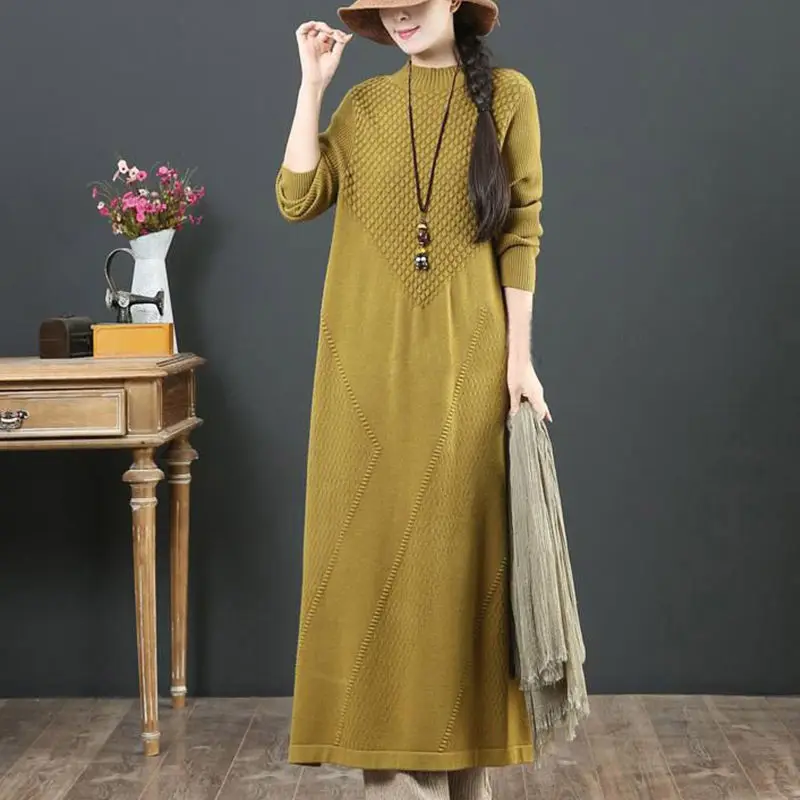 

Summer Woman Fashion Knitted Pleated Long Sleeve Maxi Dresses Female O-Neck Party Autumn Lady Sweater G678