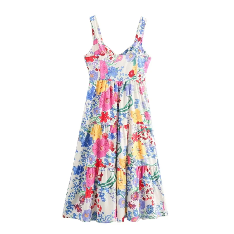 TRAF Floral Slip Long Dress Women Print Sleeveless Summer Dress Woman 2024 Ruched Backless Party Dresses Beach Holiday Dresses