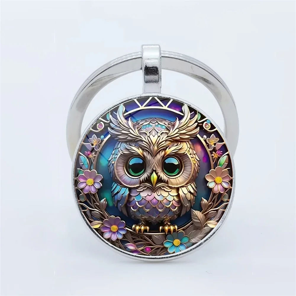 Owl Pattern Circular Glass Keychain Pendant Accessory Metal Keychain Pendant Small Gift