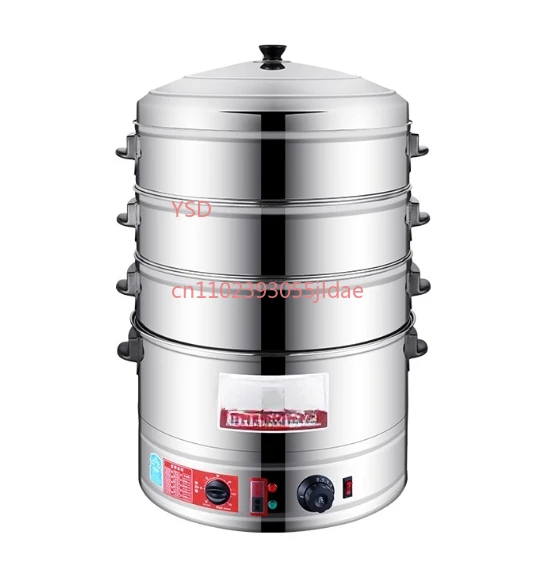 

220V Electric Steamer - Stainless Steel, 35-52cm, Large Capacity, 3-4 Layers, Commercial Use with Timer