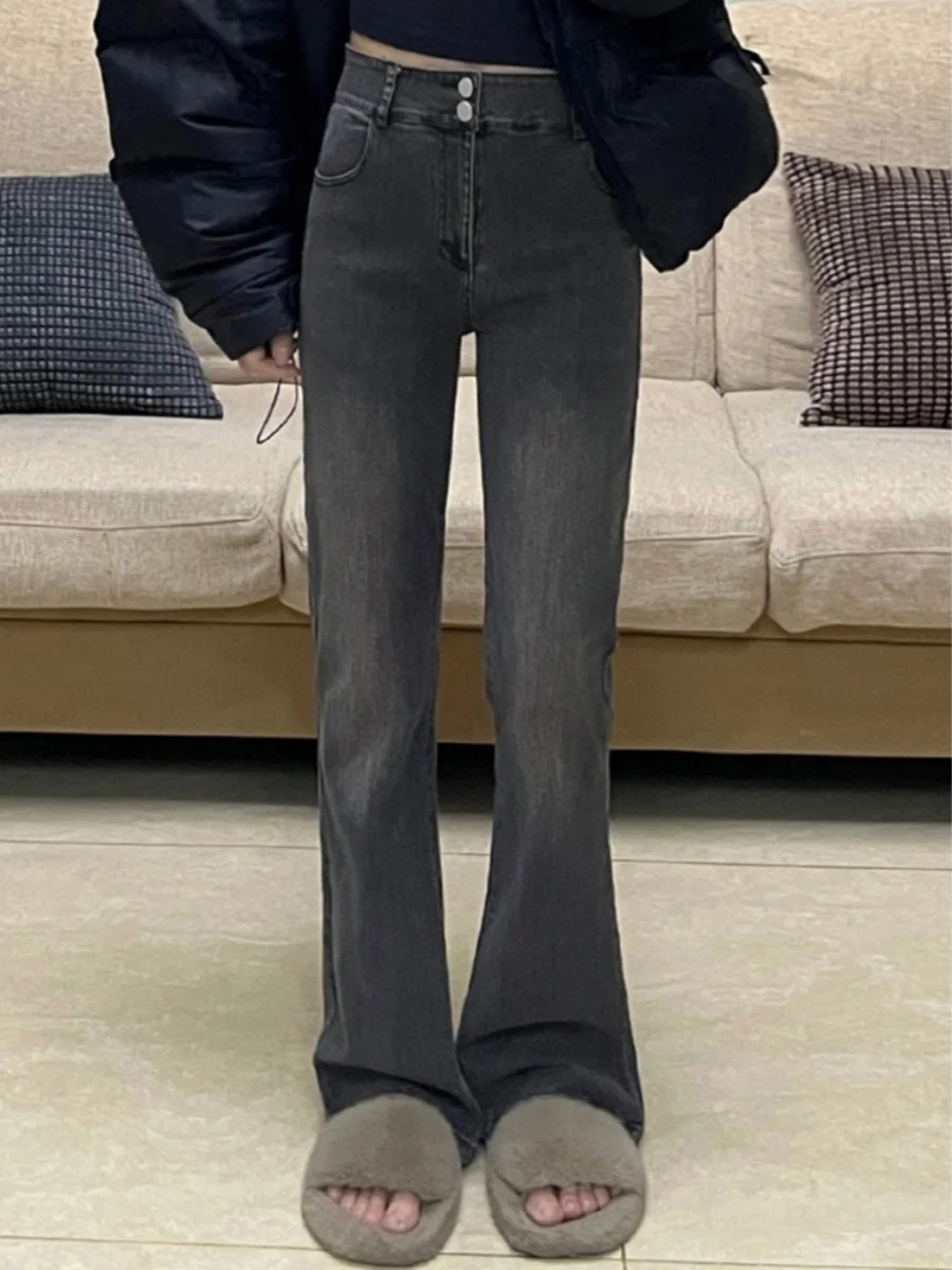 

Расклешенные джинсы с высокой талией, женские брюки k ey Bla, осенние новые винтажные брюки до пола больших размеров, хлопковые эластичные брюки