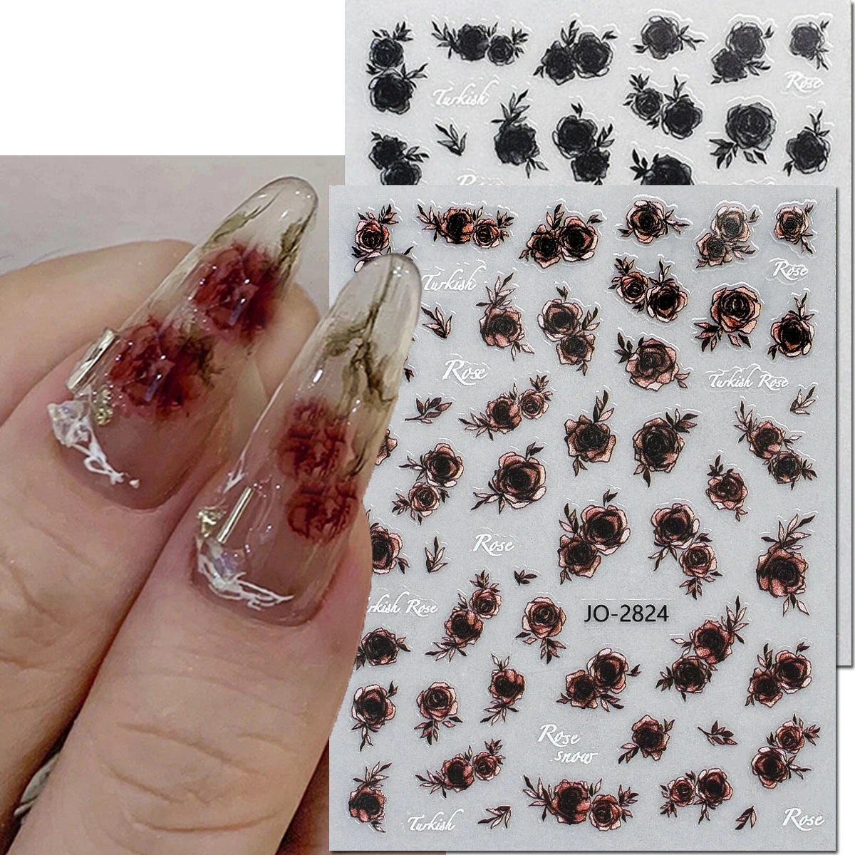 3d Nail art Stickers Vintage Half Transparent Red Black Roses Flowers Nail Decals For Nail Decorations Manicures Beauty