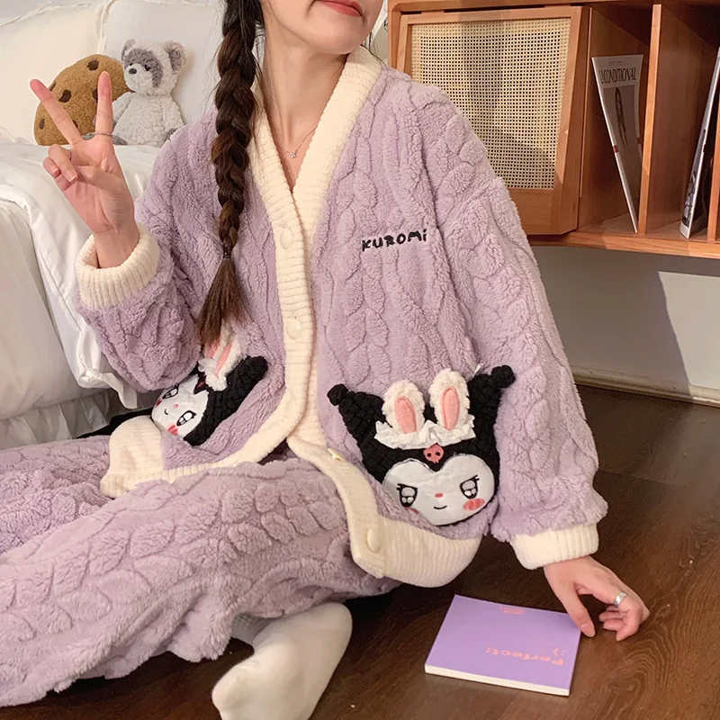 بدلة بيجامات أنيمي كورومي ماي ميلودي من القطيفة Sanrioed Kawaii ملابس منزلية كرتونية للفتيات سترة شتوية من الصوف المرجاني ملابس نوم