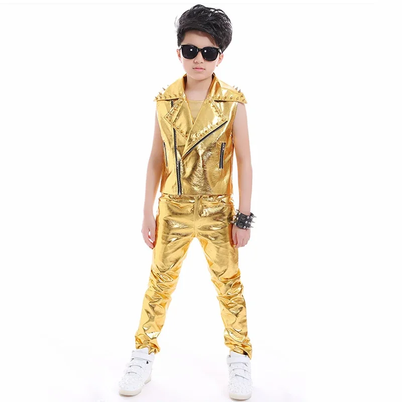 Kinder Jazz Jungen Bühne Gold Kostüm Niet Jacke Weste Hosen Street Dance Outfit Hiphop Moderne Laufsteg Sänger Kleidung DNV14069