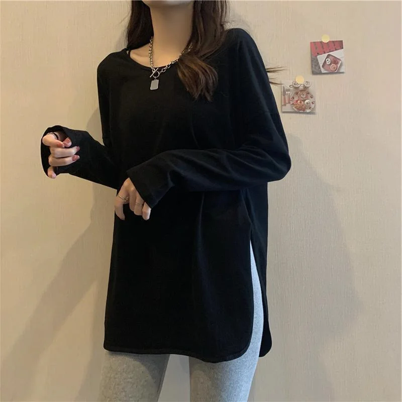 plus Size 300 Pounds Lazy Style Thin Long Sleeve T-Shirt Women Loose Mid-Length Slit Belly Covering Base Shirt Trendy Top