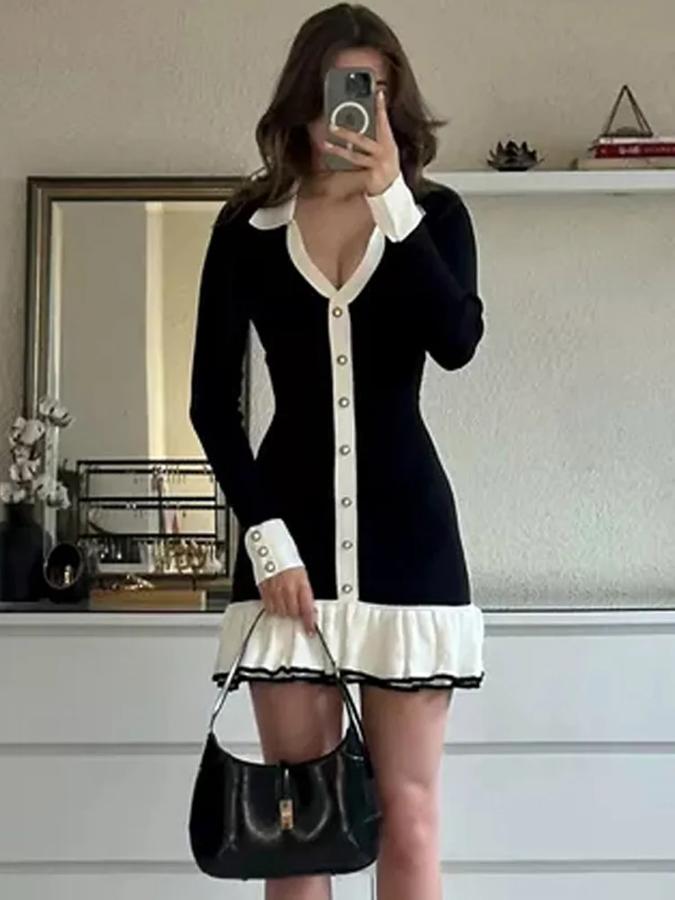 

Tossy Ruffled Bow Knit Mini Dress Women's Summer Backless Contrast Cardigan Lace-Up Elegant Dress Female Knitwear Bandage Dress