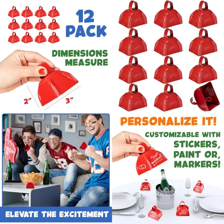 

Metal Cowbell - 12 Pack 3 Inch Red Cow Bells for Sporting Events Cheering Spirit Loud Cow Bell Ideal Hand Percussion Cowbells N