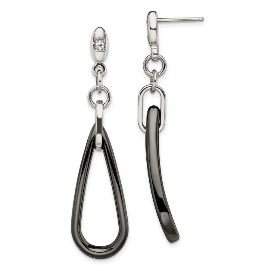

Chisel Stainless Steel Polished with Black Ceramic and CZ Dangle Post Earrings