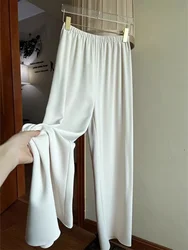 HOUZHOU-Pantalones informales de pierna ancha para mujer, pantalón elegante de satén negro, holgado, de cintura elástica, a la moda coreana, novedad de verano, 2024