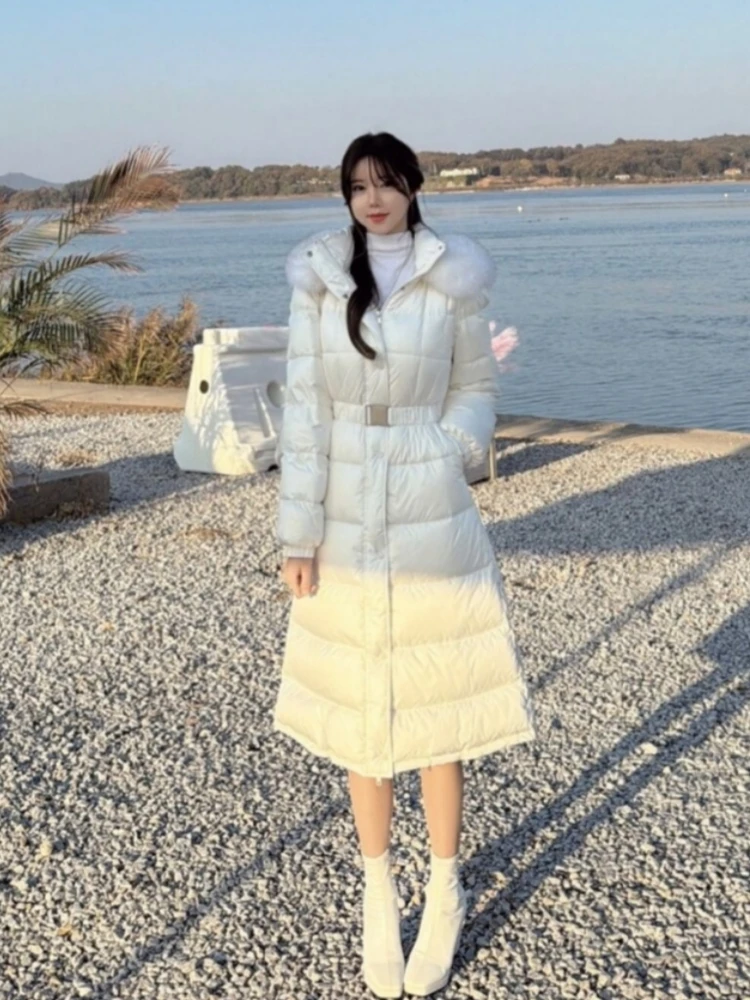 

Женское утепленное пуховое пальто средней длины с двумя поясами, теплый повседневный фасон, корейская версия, с воротником из искусственного меха