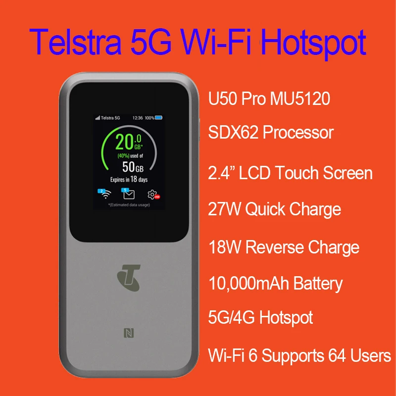 

ZTE Telstra 5G портативный Wi-Fi роутер U50 Pro MU5120 с аккумулятором 10000 мАч, быстрой зарядкой 27 Вт, Wi-Fi 6 AX3600, поддержкой SIM-карты, 5G, 4G LTE CAT22, мобильная точка доступа