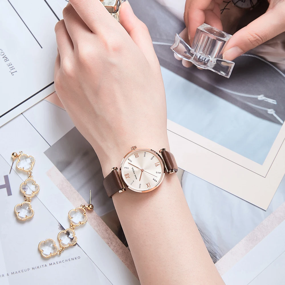 MINI FOCUS MF0335L Elegant Women Watch White Genuine Leather Strap Waterproof Ladies Dress Quartz Watches