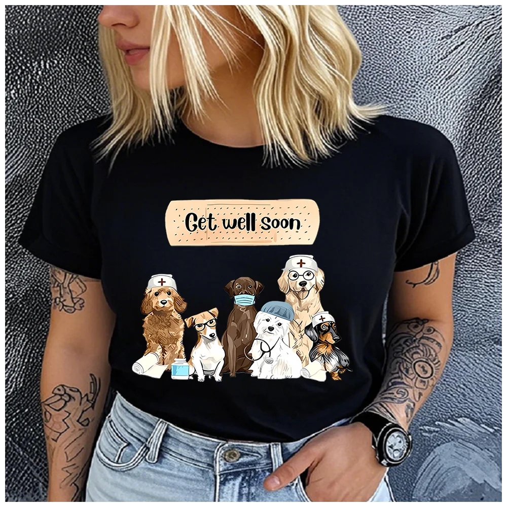 Cotton 100% Cute Nurse Dogs Get Well Soon Print Women T Shirt Casual Short Sleeve Round Neck Summer Tees Animal Lover Graphic
