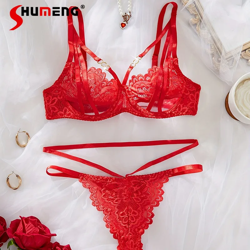 

European American Style Sexy Brief Sets Women Red Pure Desire Lingerie Female Lace Low Waist Bikini Panties Sexy Bra Suit