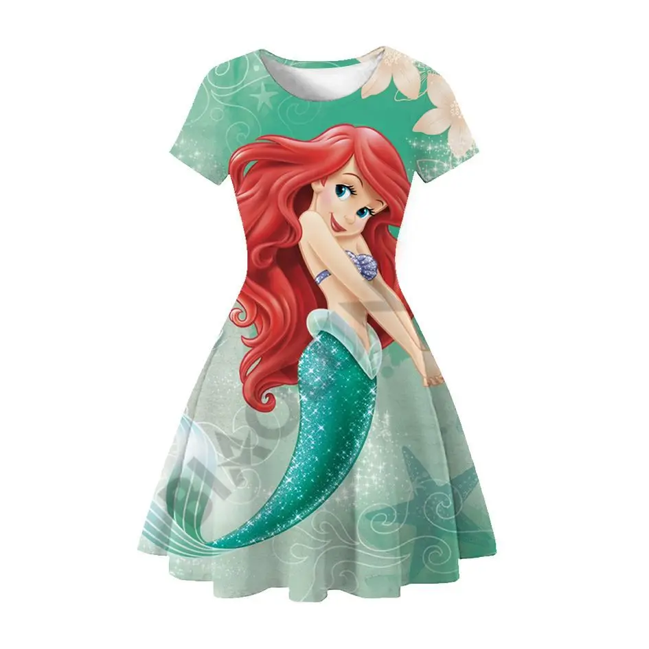 Disney Mermaid Dress Girls Short Sleeve Milksilk Clothes Birthday Party Dresses For Little Kids 3-8 Years