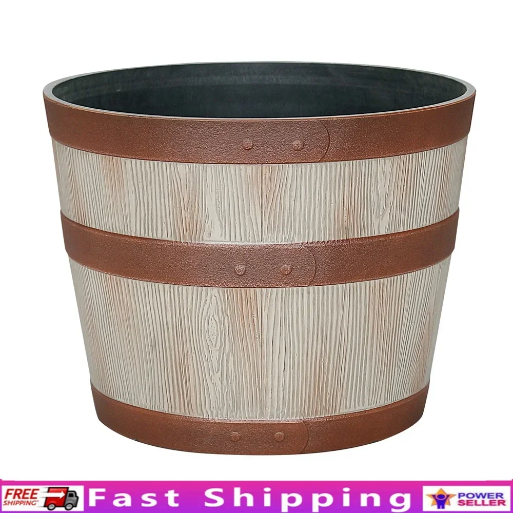 Donica z żywicy w kształcie beczki whisky, trwała, okrągła, do użytku wewnątrz i na zewnątrz, z otworami odpływowymi, odporna na mroz, lekka, łatwa w pielęgnacji.