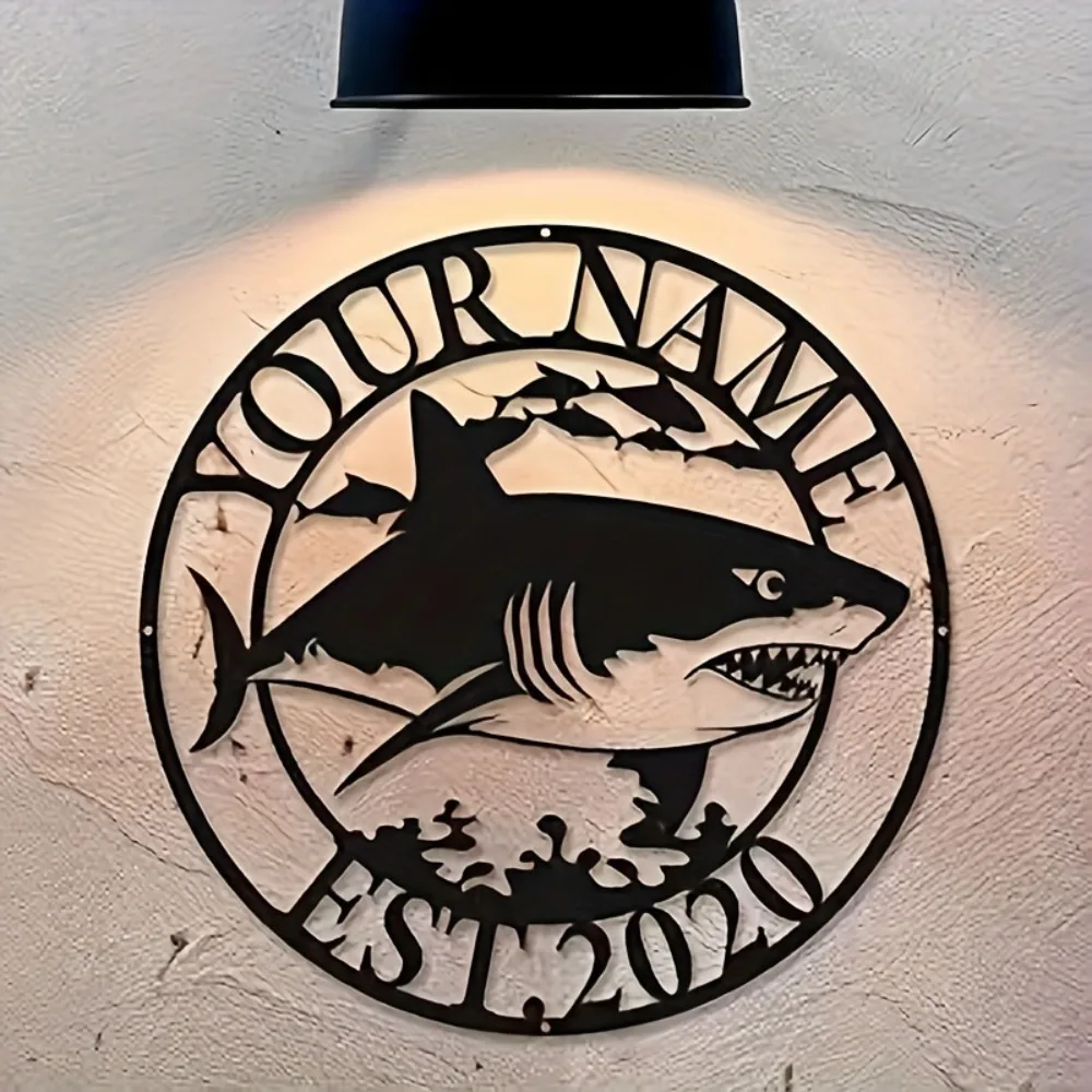 Custom Personalizable Shark Themed Metal Wall Art Custom Name Sign Black Circular Home Reusable Wall Hanging Marine Design Sign