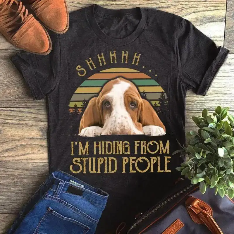 Shhh I'm Hiding From Stupid People Funny Basset Hound Graphic Unisex T Shirt,...