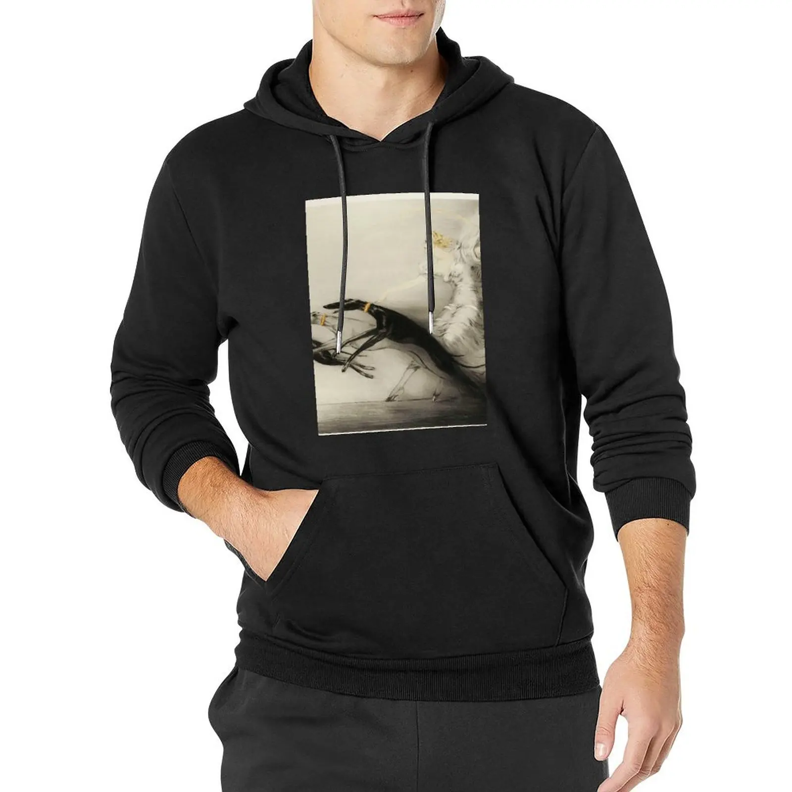 

Vintage Art Deco illustration, woman walking her greyhound dogs Pullover Hoodie men's winter sweater autumn graphic hoodie