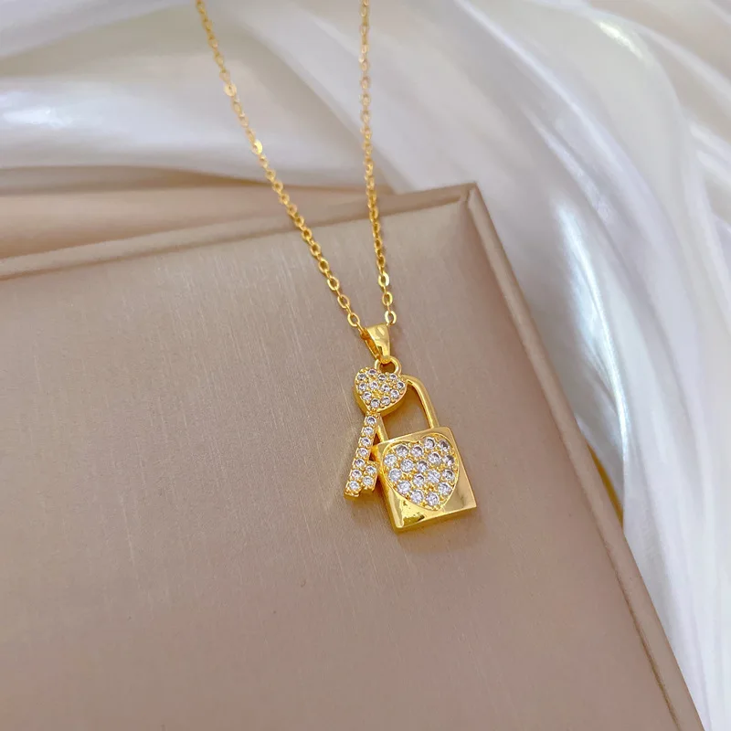 Original Design Luxury Zircon Full Lock and Key Pendant Necklace for Women Charm Gold Color Stainless Steel Chokers Jewelry Gift