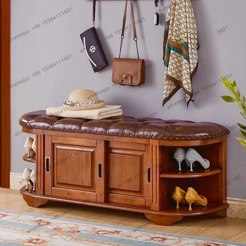 American solid wood shoe changing stool can be accommodated in a seated shoe cabinet with integrated leather household door shoe
