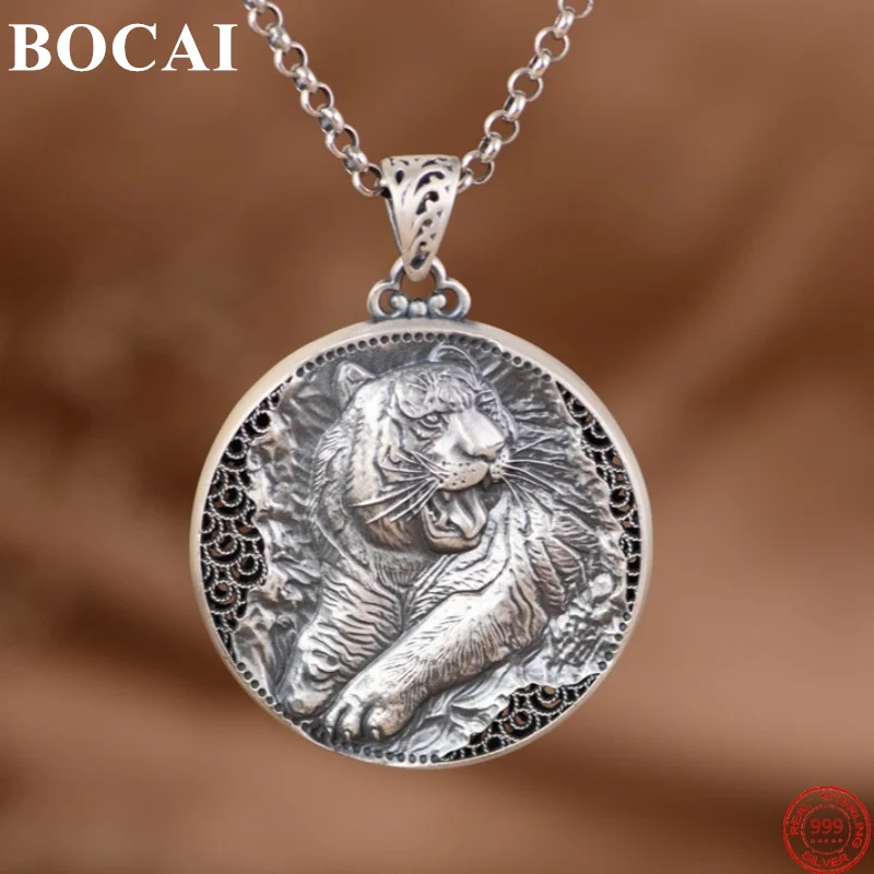 BOCAI S999 Sterling Silver Pendants for Women Men New Fashion Vintage 3D Relief Tiger Six Character Mantra Amulet Wholesale