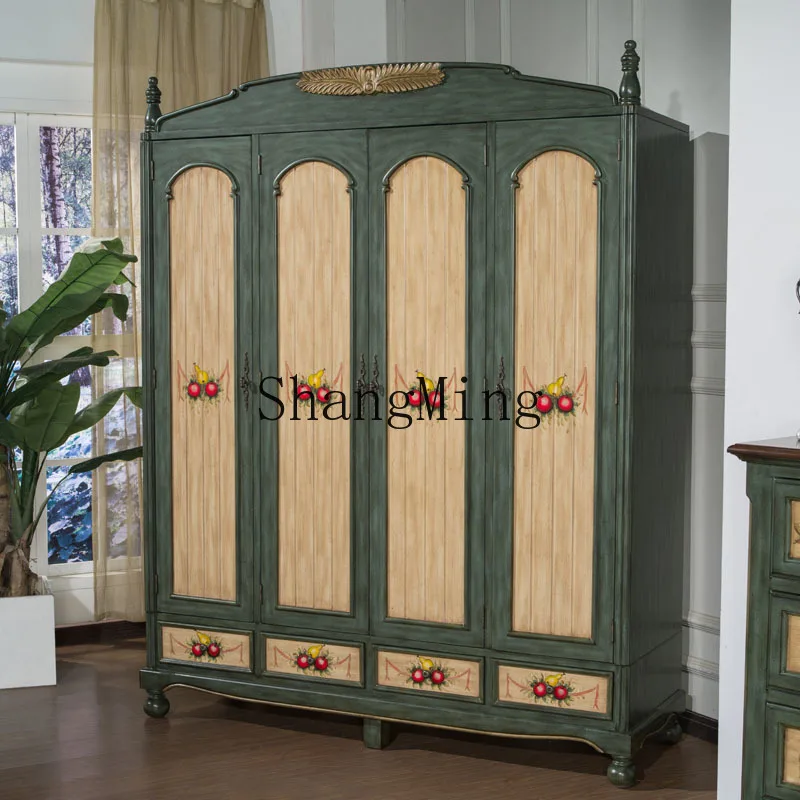 SM New Warrobe Bedroom Retro Painted Furniture Rustic Antique Four-draw Four-Door Large Wardrobe
