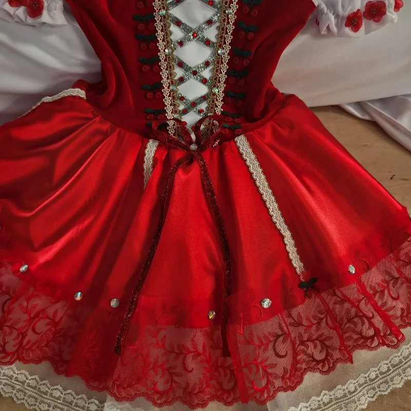 Handmade Cherry Radish Tutu Skirt Children's Competition Suit Adult Ballet Performance Dress Red Flower Girls Dress