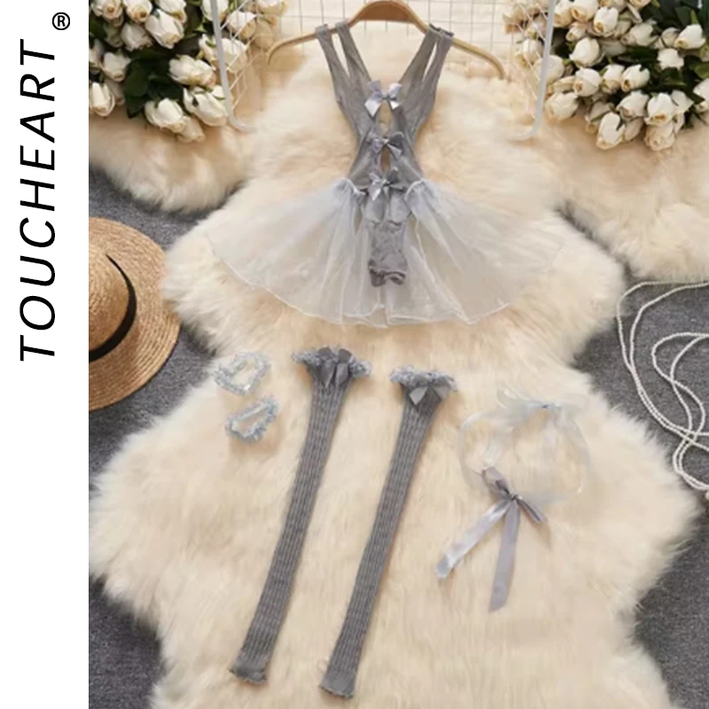 Toucheart Sexy Lace Gauze Patchwork Strap Bodysuit Hollow Sleeveless Slim Backless Women Erotic Lingerie Bow Night Maid Cosplay