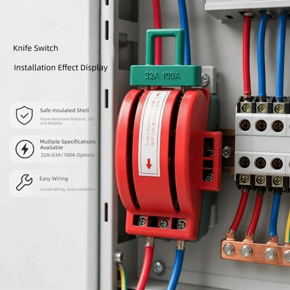 New 2 Pole Knife Disconnect Switch 32A / 63A / 100A 220V Power Disconnect Switch Manual Changeover Switch