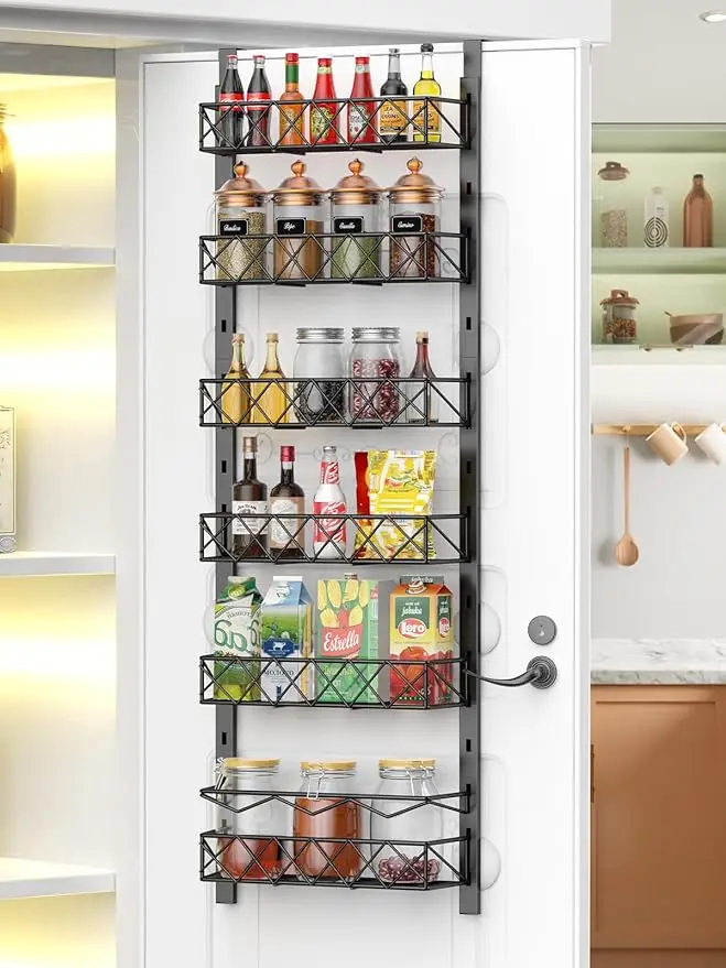 

Over the Door Pantry Organizer, 6+1 Pantry Door Organizer with Adjustable Basket, Metal Spice Rack Storage for Kitchen Pantry Bl