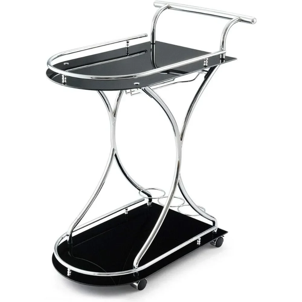 Hotel Occasion Wedding Beverage Bar Cart, Dark Tempered Glass Dining Room Service Cart w/Bottle Holder, Kitchen Glass Island