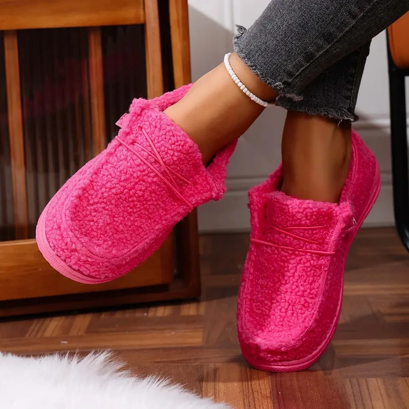 

2025 Women's Fuzzy Fleece Loafers Warm Plush Lace UpCasual Shoes Comfortable Winter Solid Color Soft Soled Ladies Flats