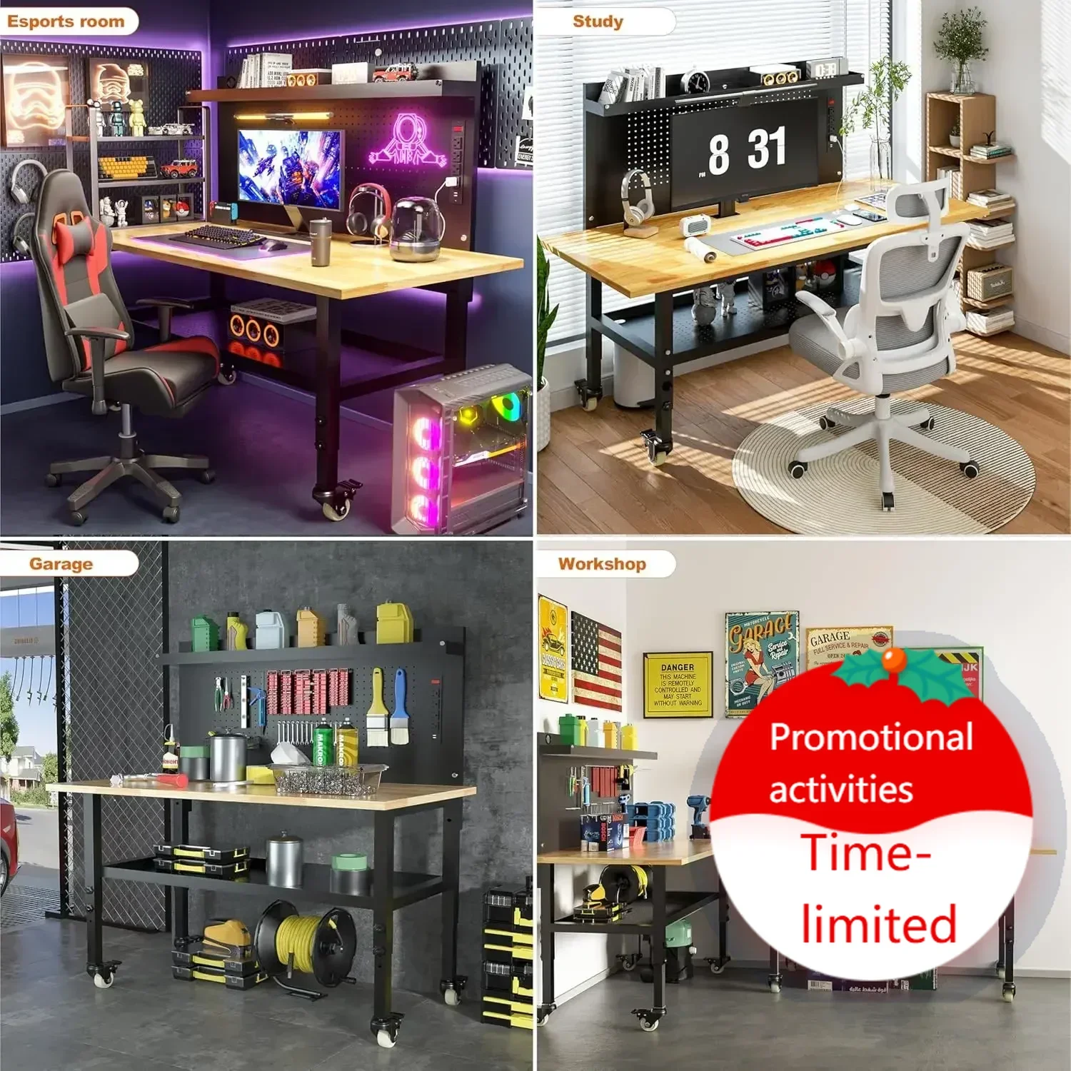 

Hot SoldRubber Wood Workstation Adjustable Work Table with Power Outlets & Lockable Wheels, 60" Heavy Duty Adjustable Workbench