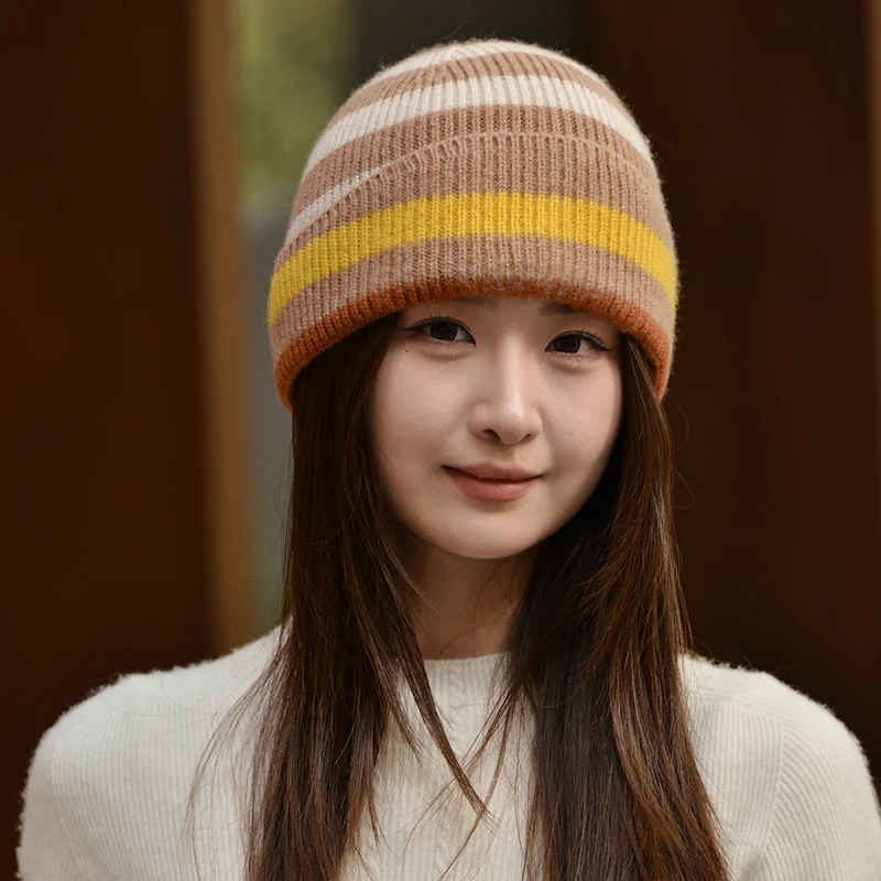 

ZYCZCXX 2024 New Cashmere Winter Hat for Women Outdoor Fashion Warm Striped Knitted Cap Female Winter Beanies Hats Lady Caps