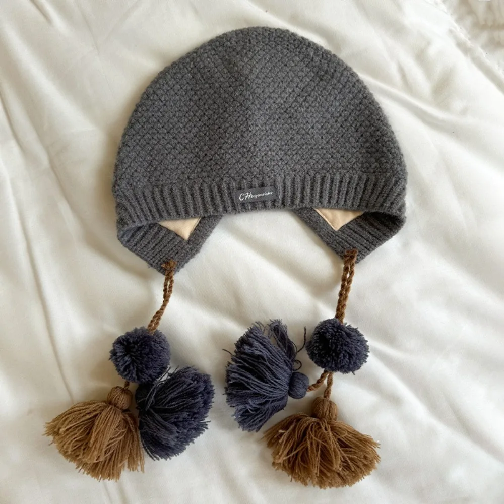 

Cute Ethnic Style Children's Tassels Hat Autumn Winter Korean Handmade Crochet Hat Ear Protection Warm Girls Knitted Hat Kids