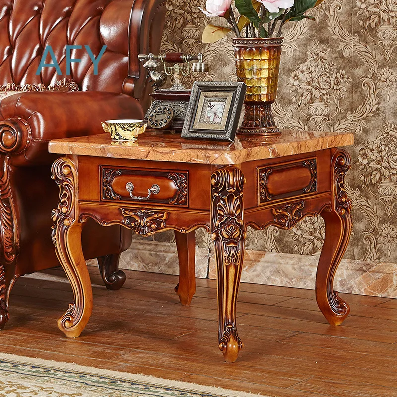 Solid Wood Square Side Table for European Style Sofa Set 70cm Vintage Coffee Table with Drawer for Living Room Decor