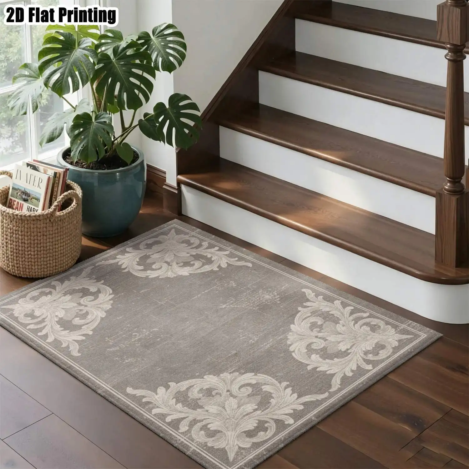 1Pc 2D Printed Gray Background Scrolling Flower Carpet: European Vintage Home Decor Mat, Multi-Size, Machine Washable, for Entryway, Dining Room, Bedroom, Study, Living Room