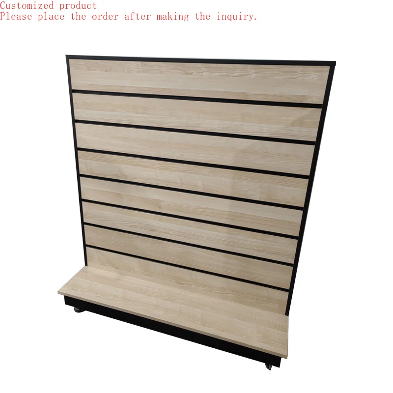 

Custom.Hot Sale Slatwall Panel Display Stand with Wheels for Cloth Store Rotatable MDF Slatwall Shelf