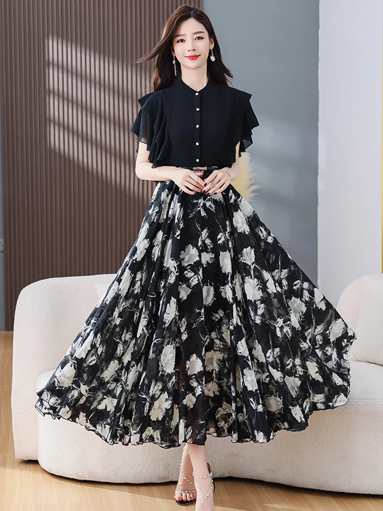 Floral Women Maxi Dress Black Summer Chiffon Beach Long Dresses For Elegant Bodycon Korean Fashion Party Evening Casual 2024 New