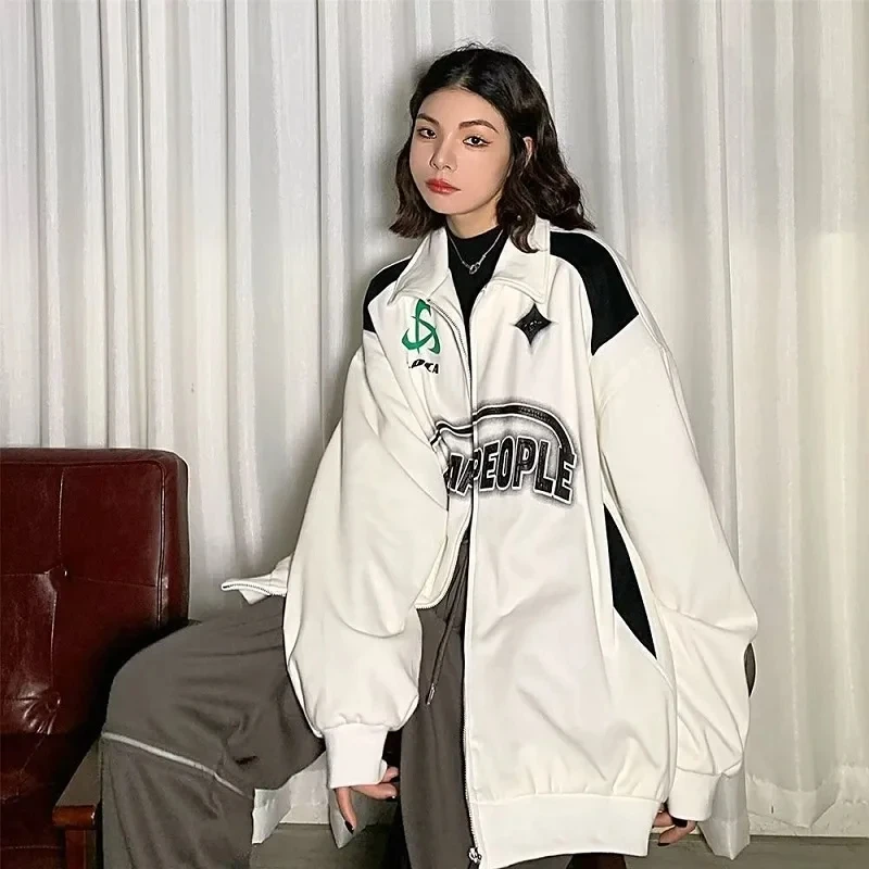 Y2k Fashion Harajuku Vintage Oversized Women Sweatshirts Grunge Korean Streetwear Black White Zip Up Hoodies Female Hip Hop Tops