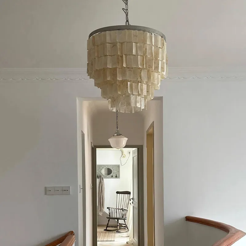 

Shell Living Room Long Chandelier Light French Retro Creative Bedroom Study Dining Room Silver Foil Lamp