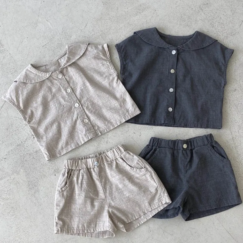 Baby Sleeveless Clothes Set 0-5 Years Summer New Kids Girls Solid Navy Collar Tops + Shorts 2pcs Suit Cotton Toddler Outfits