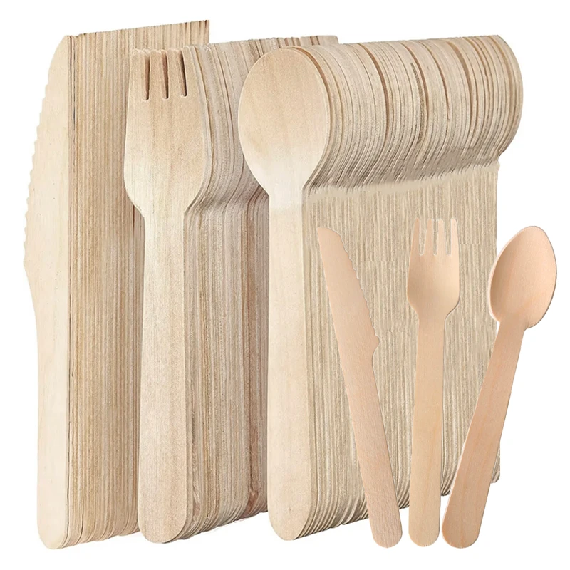 50PCS Disposable Wooden Forks Spoons Knives Wooden Tableware Suitable for Parties Camping Banquets Weddings Picnics