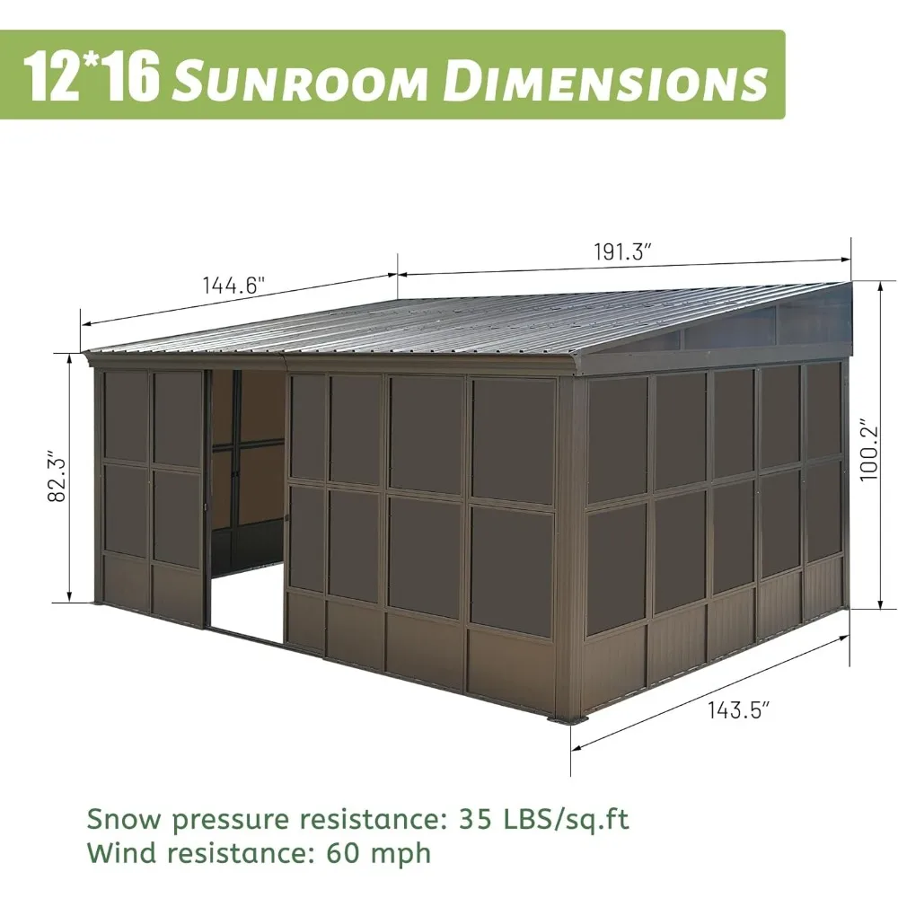 12 x16ft veranda, Solarium Gazebo a parete con porta d'ingresso, ingresso laterale, tetto inclinato in acciaio zincato, schermo PC mobile