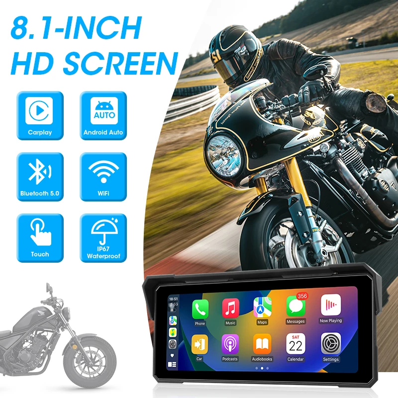 Freedconn Portable Motorcycle Multimedia Player CarPlay Android Auto GPS Navigation Airplay 8.1inch Display Screen BT Waterproof