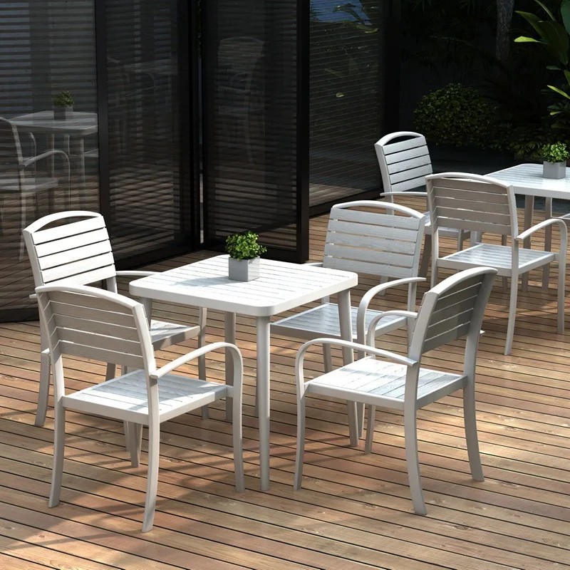 Outdoor dining table and chairs, outdoor park plastic wood iron dining table balcony leisure negotiation table