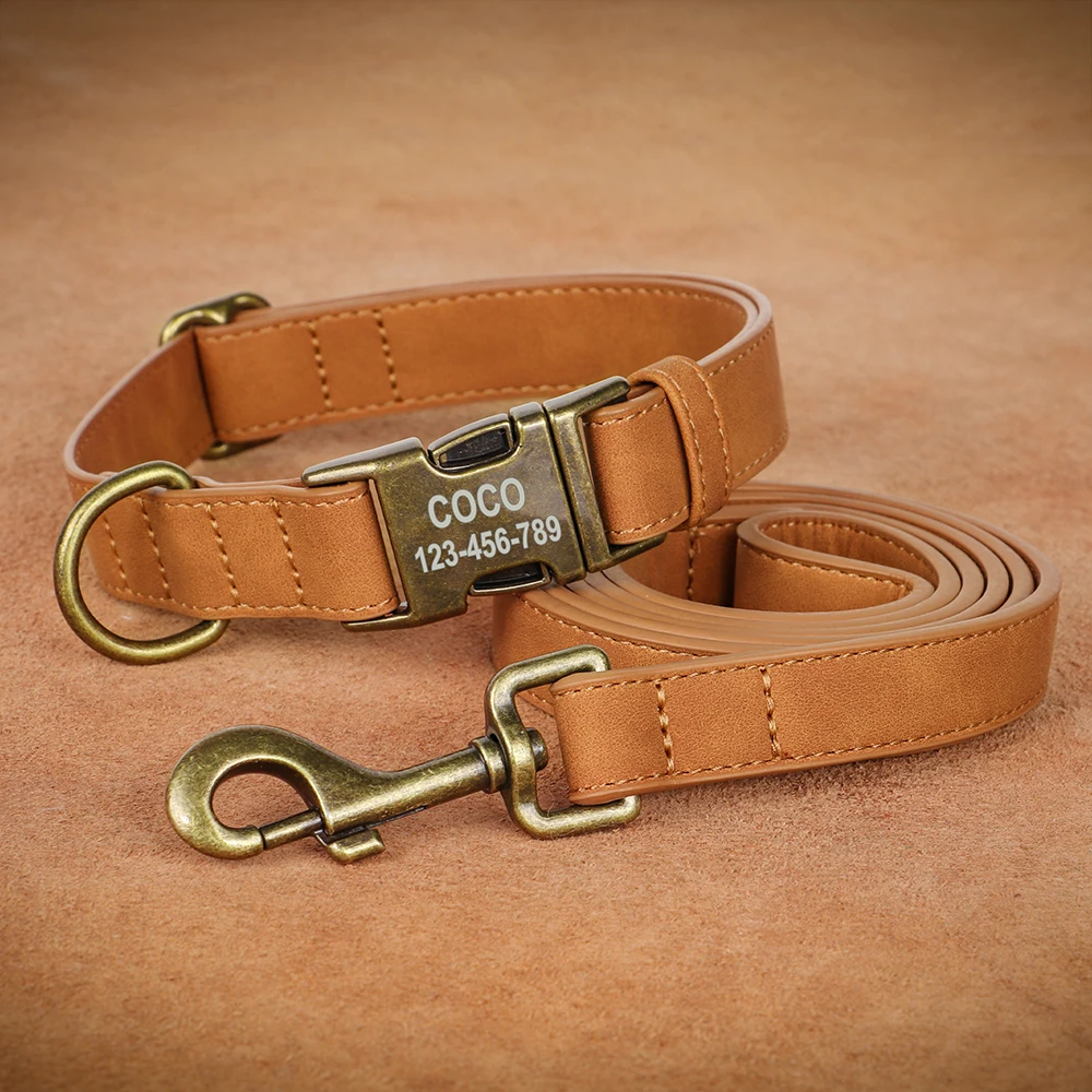 Personalized Dog Collar and Leash Set PU Leather Dog Collars With Lead Rope Custom Engraved ID Buckle For Small Large Dogs