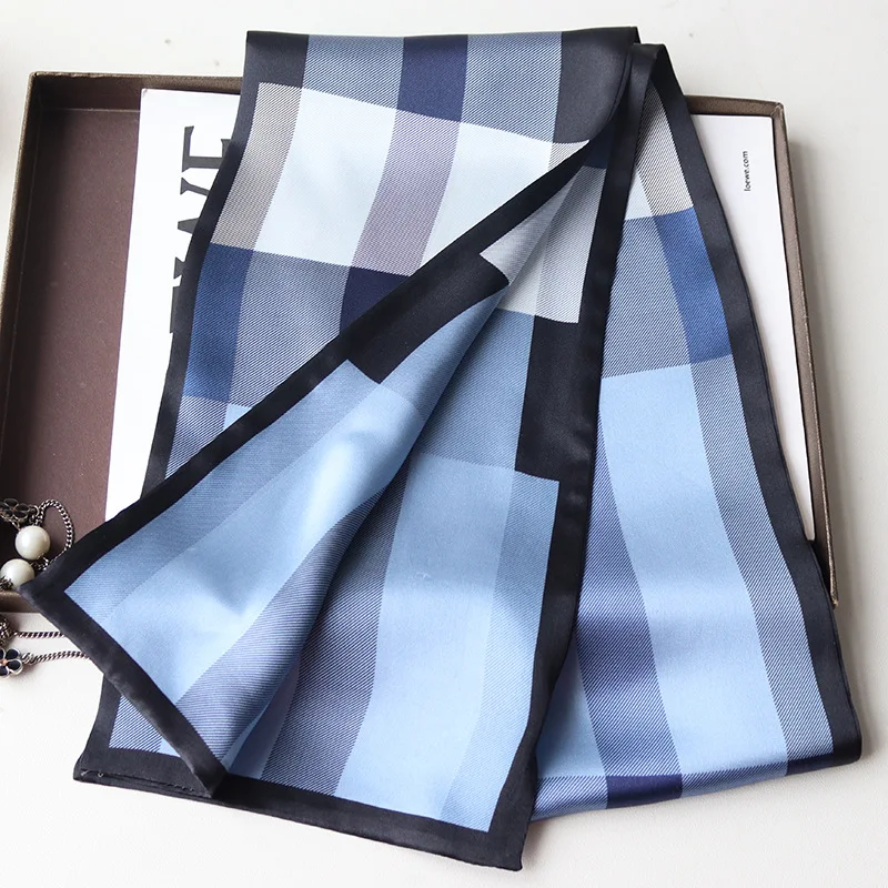 ファッショナブルな二重層シルクスカーフ-レディース-細幅チェック柄ロングシルクスカーフ-ブリティッシュクラシックスタイル-多用途-春秋冬
